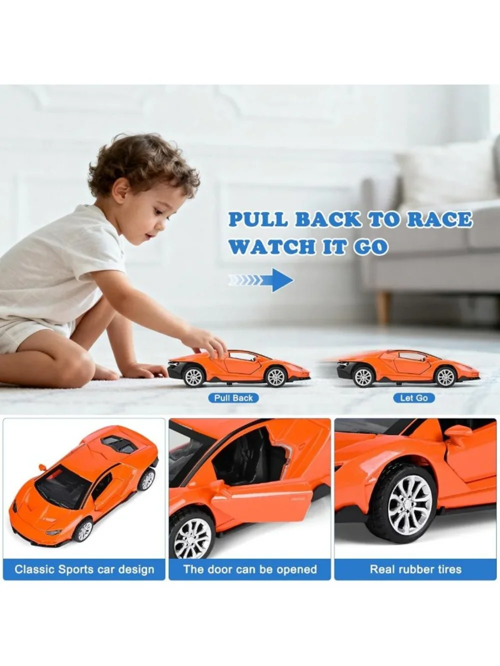 Diecast Pull Back Race Cars Set, 1:36 Scale with Opening Doors, 4 Pack for Kids